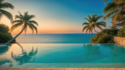 Obraz premium A breathtaking coastal scene with swaying palm trees and tranquil waters, highlighting an elegant infinity pool amidst vibrant tropical foliage.
