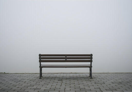 Bench in Fog on a Brick Pathway | Minimalist Still Life Scene for Loneliness or Contemplation Concepts
