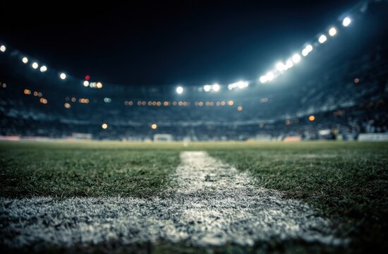 A stadium view showing the fields grass and white boundary line with stadium lights and blurred audience at night