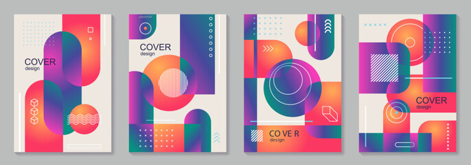 Abstract modern gradient poster vector set with Bauhaus pattern. Minimalist geometric colorful cover templates for interior design, social media, cover, banner, flyer, ads. Vector illustrations.