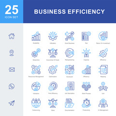 An icon set representing key elements of business efficiency—from optimization, scalability, and ROI to SOP, outsourcing, and time-saving strategies in professional workflows.