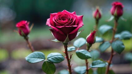 Fototapeta premium Close-up of a vibrant red rose bud in full bloom with a softly blurred garden backdrop