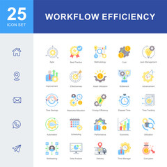 A set of icons focused on workflow efficiency, covering agile methods, lean practices, automation, performance, time tracking, and strategic resource utilization for better outcomes.