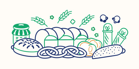 Illustrated vector of assorted bakery items and ingredients offering a summery style suitable for design work, perfect for a summer vacation illustration set.