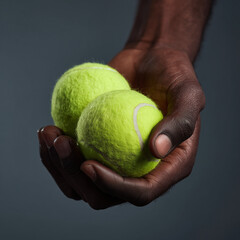 black male hand holding two tennis balls, representing testicles and masculinity isolated on plain dark gray background