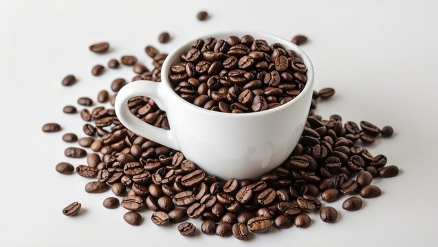A ceramic mug filled with coffee beans, with some spilling onto a plain white surface - Powered by Adobe