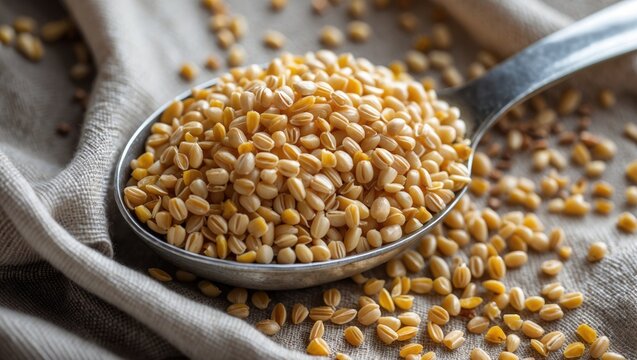 Close-up of buckwheat grains on a textured cloth surface with a spoon - Powered by Adobe