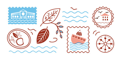 Playful and charming summer vacation illustration set featuring a variety of whimsical illustrated elements on a transparent background perfect for versatile design needs.