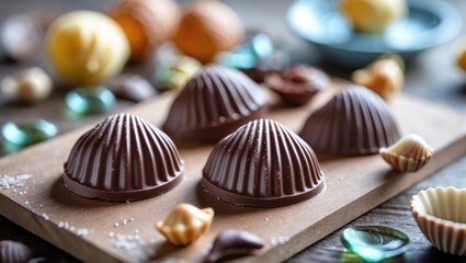 Assorted chocolates shaped like cockle shells arranged on a table with a focused shot