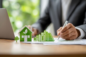 Businessman calculating energy efficiency of buildings and houses