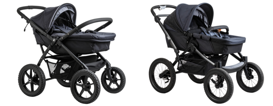 Sporty Baby Stroller with Large Wheels and Storage Basket, isolated on a transparent background.