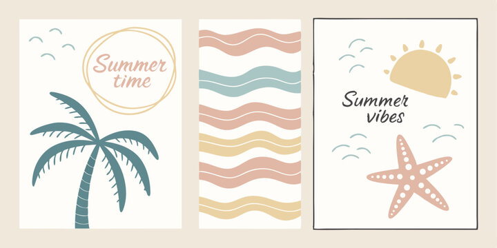 Set of three summer themed designs including a palm tree waves and starfish illustrations perfect for greeting cards posters and other summer vacation applications - Powered by Adobe