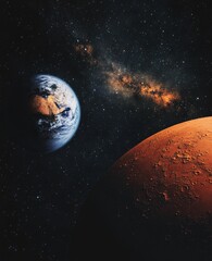Naklejka premium Earth and Mars in space, viewed from afar, showing the Milky Way galaxy.