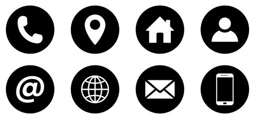 Set of contact and communication icons in flat circle style. Contact information icons for business cards. Includes home, map pin, globe, at symbol, phone, and email. Vector illustration.