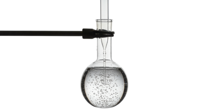 Round Bottom Flask with Clear Bubbling Liquid and Clamp Isolated on White Background