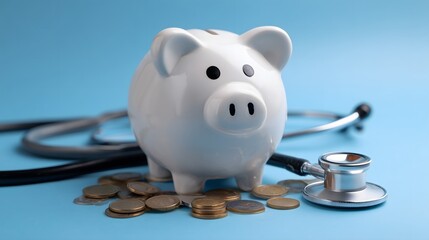 Piggy bank with stethoscope and coins symbolizing healthcare costs