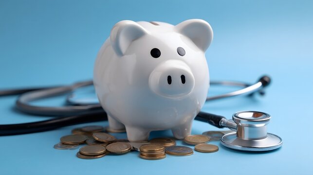 Piggy bank with stethoscope and coins symbolizing healthcare costs