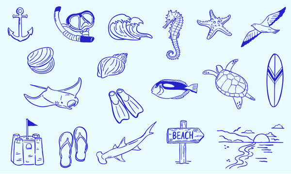 Fototapeta underwater animal beach doodle illustration - sketch hand drawn - collection set