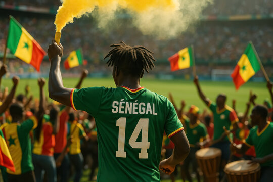 Senegalese fan holding yellow flare at match


