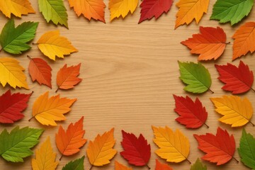 Decorative autumn leaf design on workspace with empty area for text