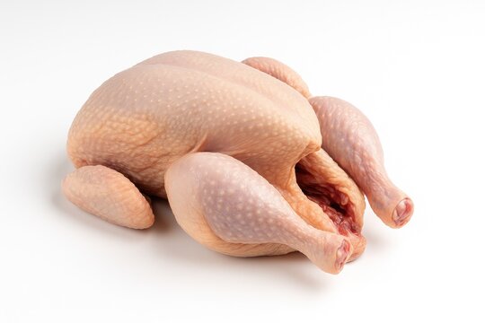 Whole chicken carcass prepared for cooking on a plain white backdrop
