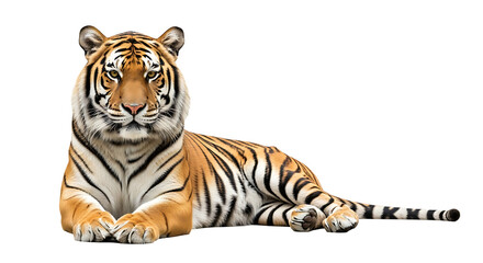 Fototapeta premium Resting wildcat lying down facing forward with stripes on white