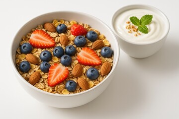 A bowl filled with assorted Muesli alongside a cup of plain white yogurt