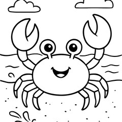 A cheerful crab waves its claws on the sandy beach, drawn in a simple black-and-white outline for children to color.