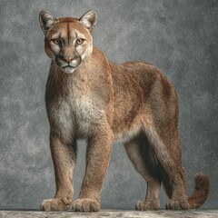 Realistic portrait of a standing mountain lion against a textured gray background
