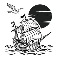 Monochrome Vintage Sailing Ship Outlined Illustration for Nautical Art