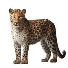 Isolated realistic portrait of a standing leopard on a white background
