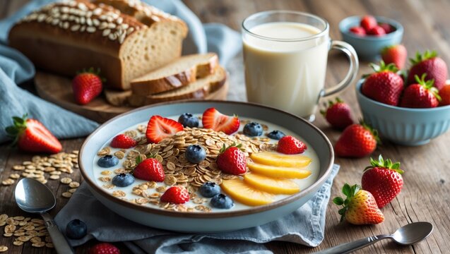 Morning meal featuring whole grain cereals - Powered by Adobe