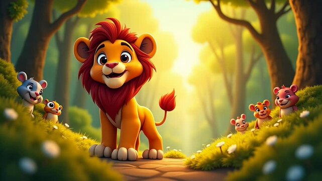 Happy cartoon lion with friends in magical forest
