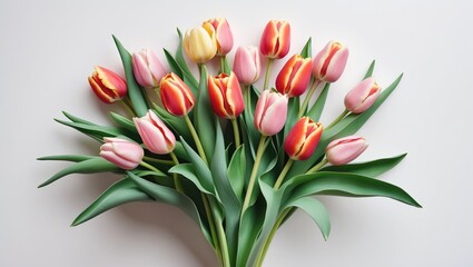 Obraz premium A collection of vibrant tulips paired with lush green foliage on a plain white backdrop