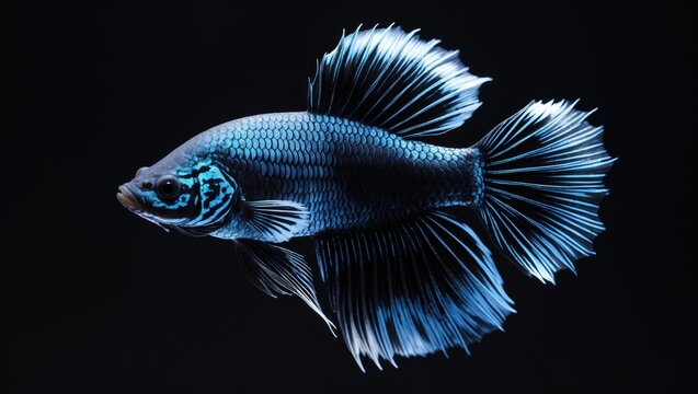 Dark-themed image of a black samurai-style betta fish against a black backdrop