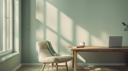 Minimalist reseda office featuring a wooden desk with an open laptop and coffee cup, bathed in gentle sunlight, creating a serene and tranquil workspace. 