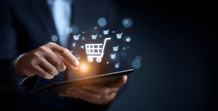 Businessman using tablet for online shopping with virtual cart icons
