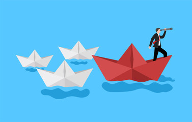 business leadership concept, businessman with telescope on paper boat cartoon vector illustration