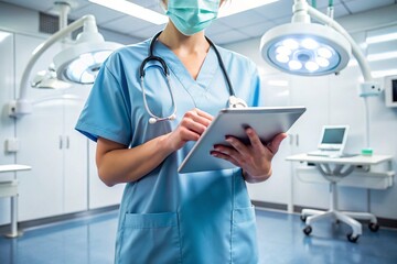 Surgeon using tablet with digital screen in advanced operating room with medical equipment