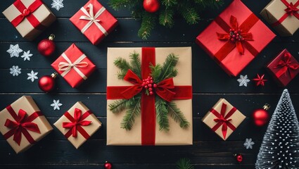 Obraz premium Festive holiday gift packaging featuring red boxes arranged on a dark wooden surface with ample space for text