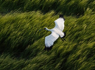 Eurasian Spoonbill in flight over tall green grass.