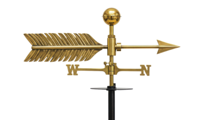 Shiny Golden Brass Weather Vane Arrow and Cardinal Directions Isolated on White Background