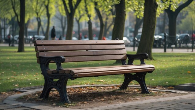 A park with a wooden seating area
