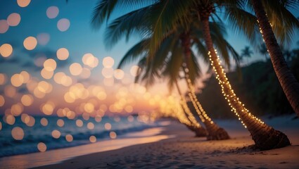Soft glowing bokeh effects with a tropical palm silhouette during sunset