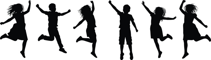  Energetic silhouettes of joyful children jumping and celebrating, showcasing happiness, freedom, and active play, perfect for themes of childhood, success, and pure deligh