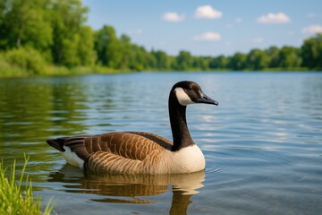 Obraz premium A serene summer day with a goose swimming in a lake