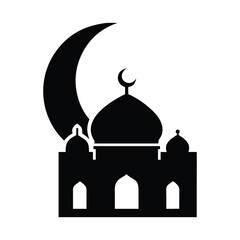 Black silhouette of mosque with crescent moon icon for ramadan