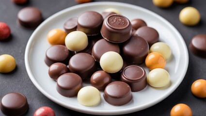 Close-up of chocolate candies arranged on a white plate