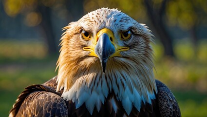 Naklejka premium Stunning close-up of a majestic eagle in a lush outdoor setting