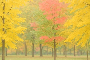 Naklejka premium Pastel autumn hues with vibrant foliage in a serene park setting